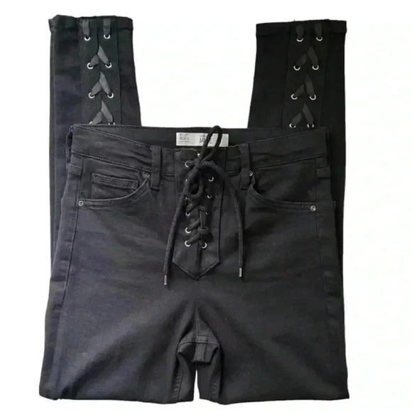 Topshop Moto Skinny Jeans Jamie High Rise Lace Up Ankle Crop Black Size 26 - Picture 1 of 16